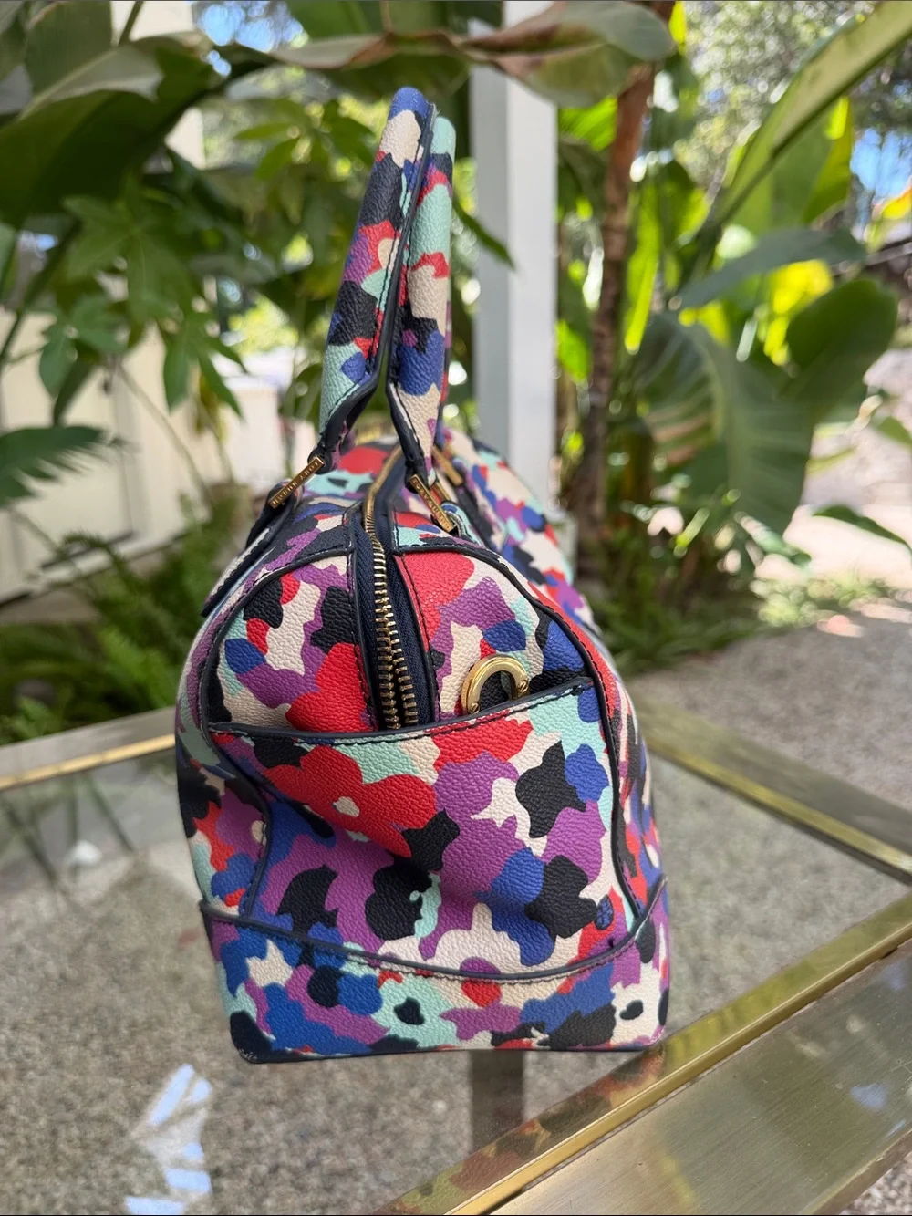 Tory Burch Multicolor Camo Satchel with Red, Blue & Purple Accents